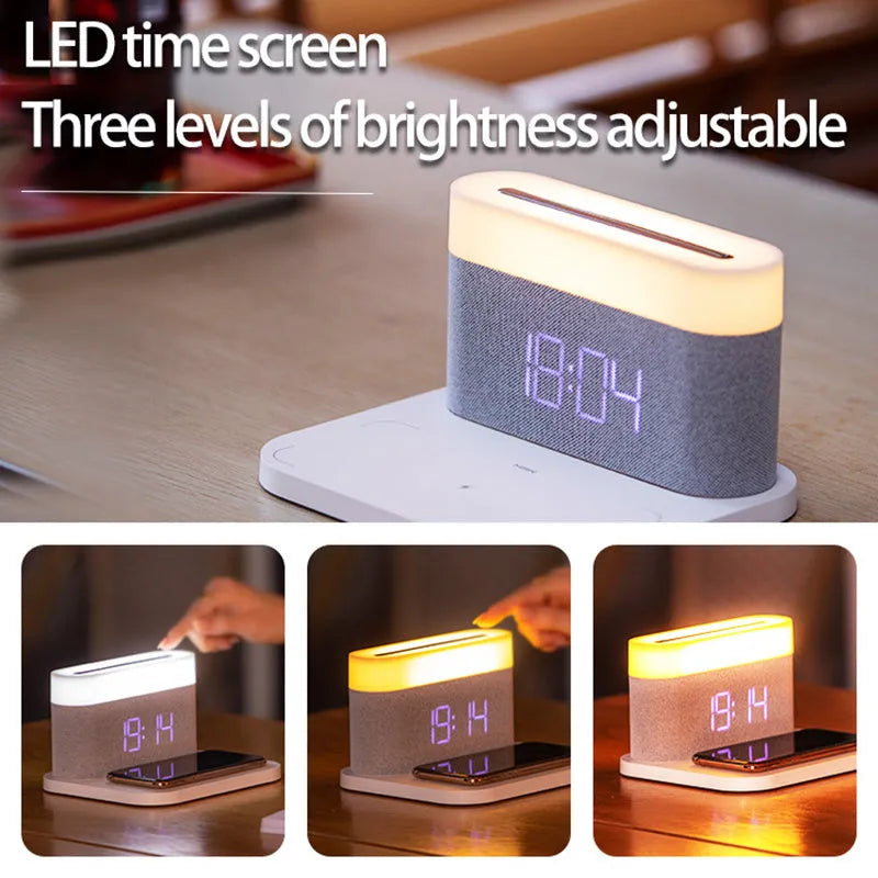 Black wireless charging desktop station with digital clock display and night light function