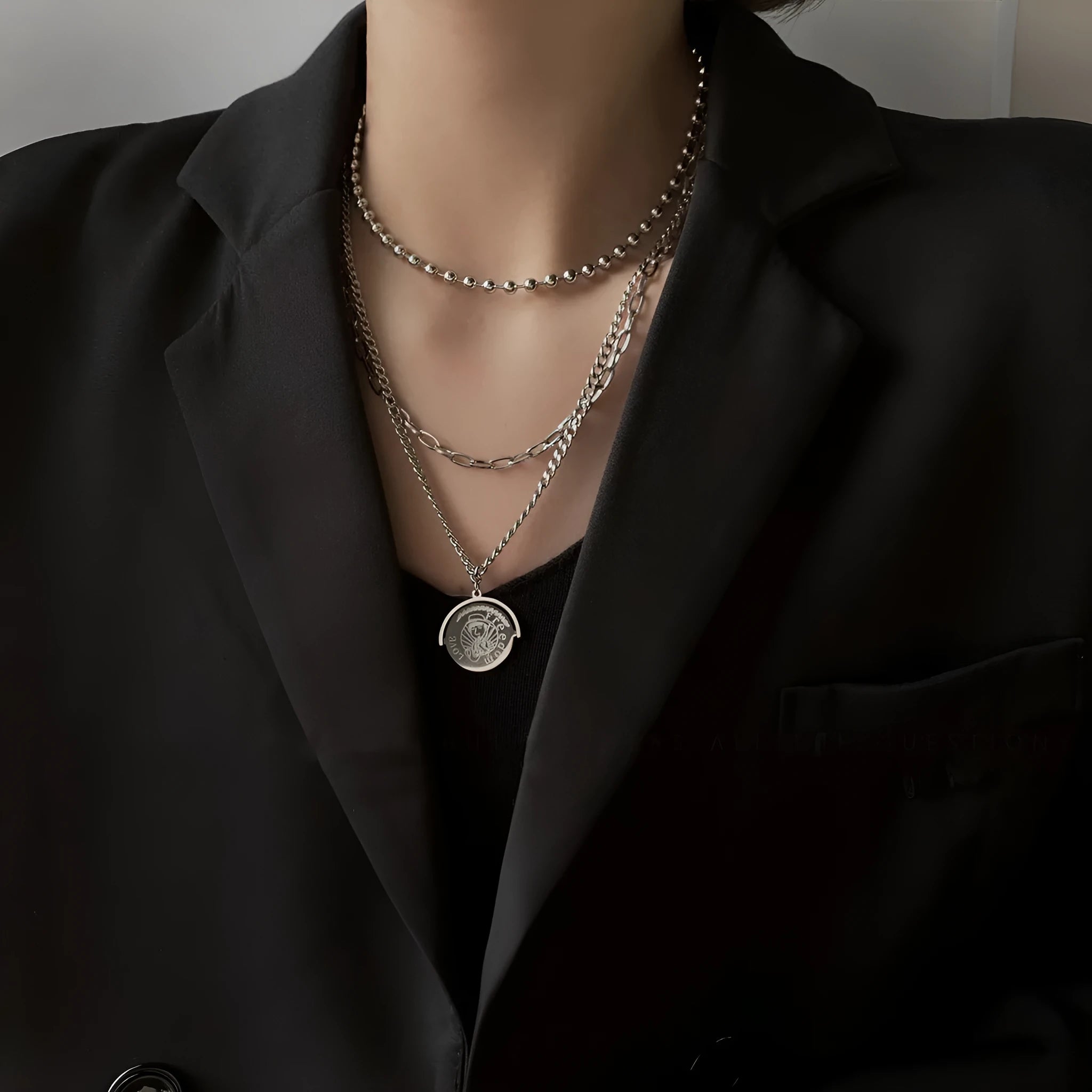 Alloy geometric round plate pendant necklace on multi-layer regular chain in X0428 Round Card colour