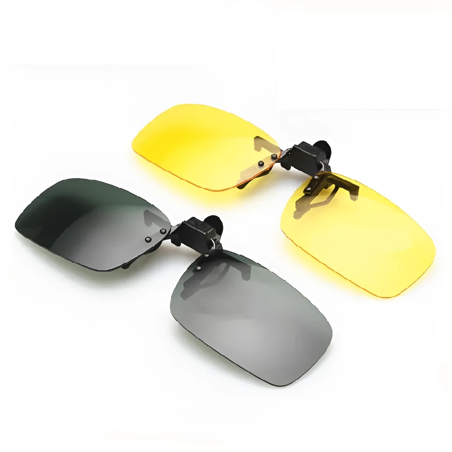Clip-on driving sunglasses with plastic frame in grey, dark green, and night vision lens options.