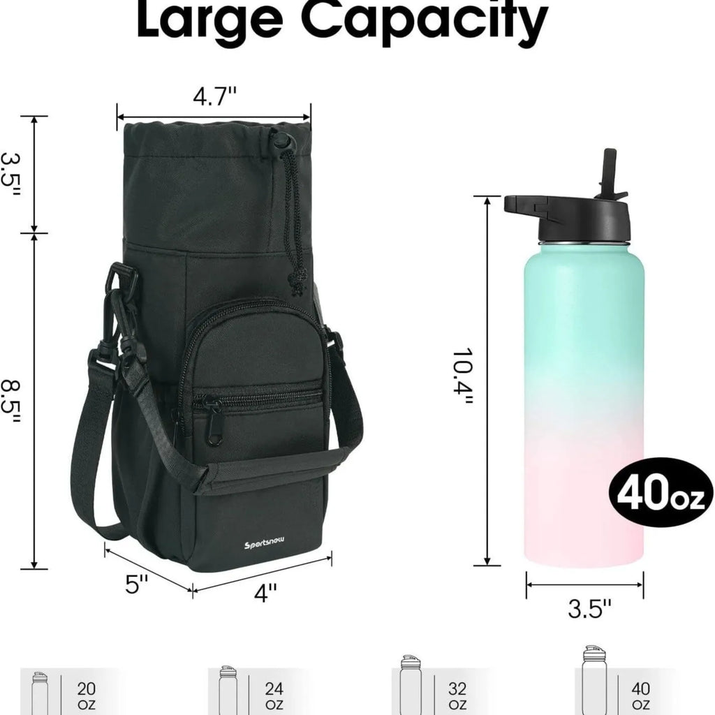 Black cloth water bottle pouch with crossbody strap and side handle on a model.
