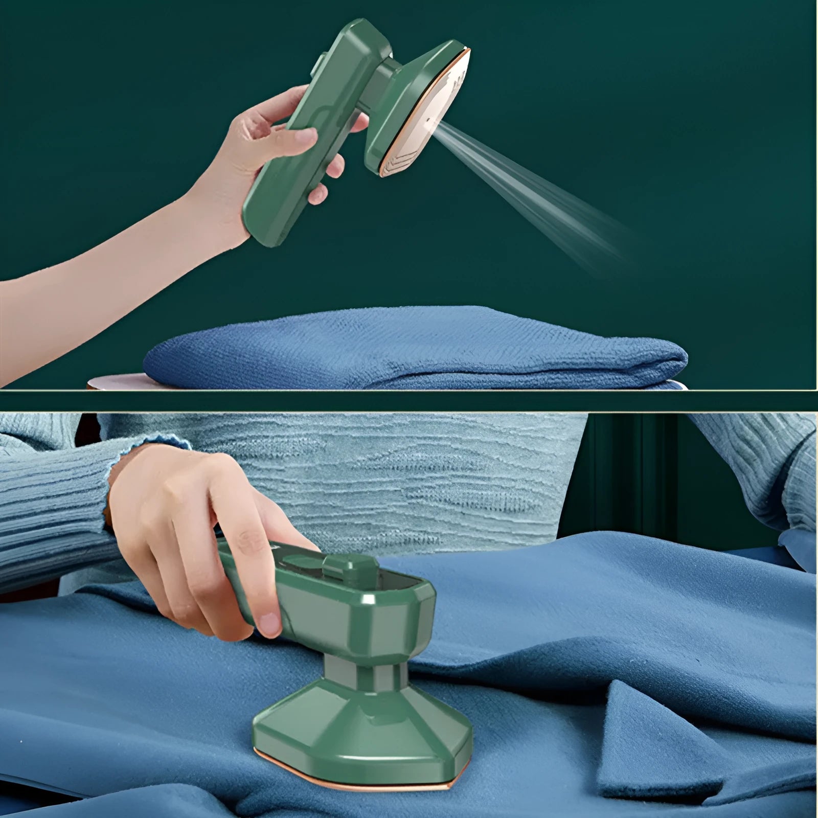 Dark green portable hanging ironing machine with ceramic panel and worldwide voltage adjustment