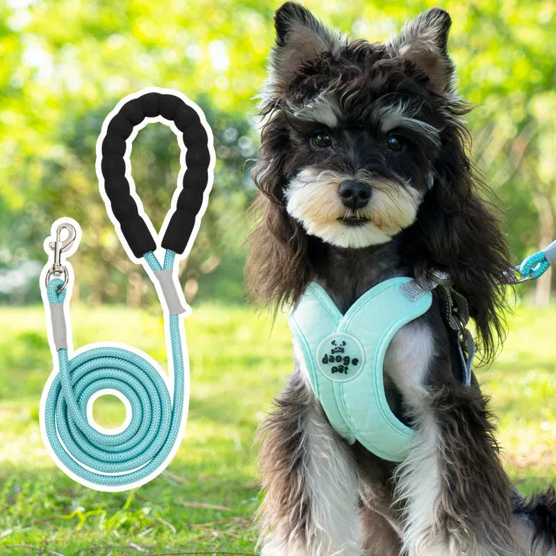 Adjustable polyester pet vest harness with hand holding rope in blue, green, pink or yellow colours