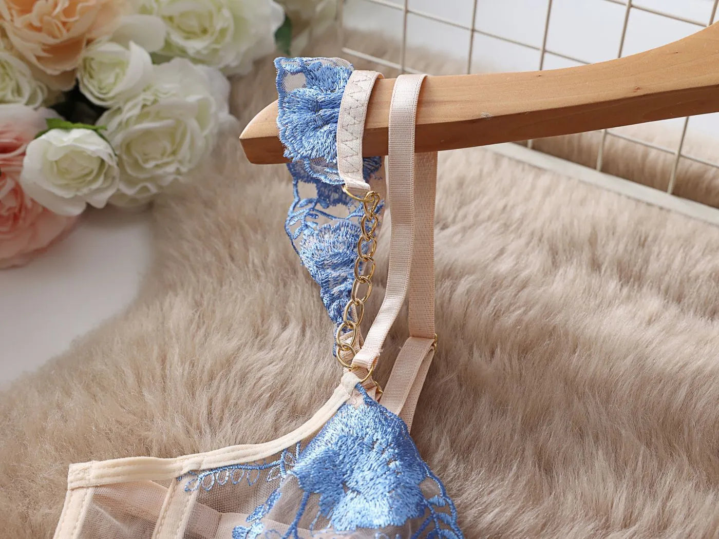 Light blue embroidered mesh lace push up bra set with matching pants