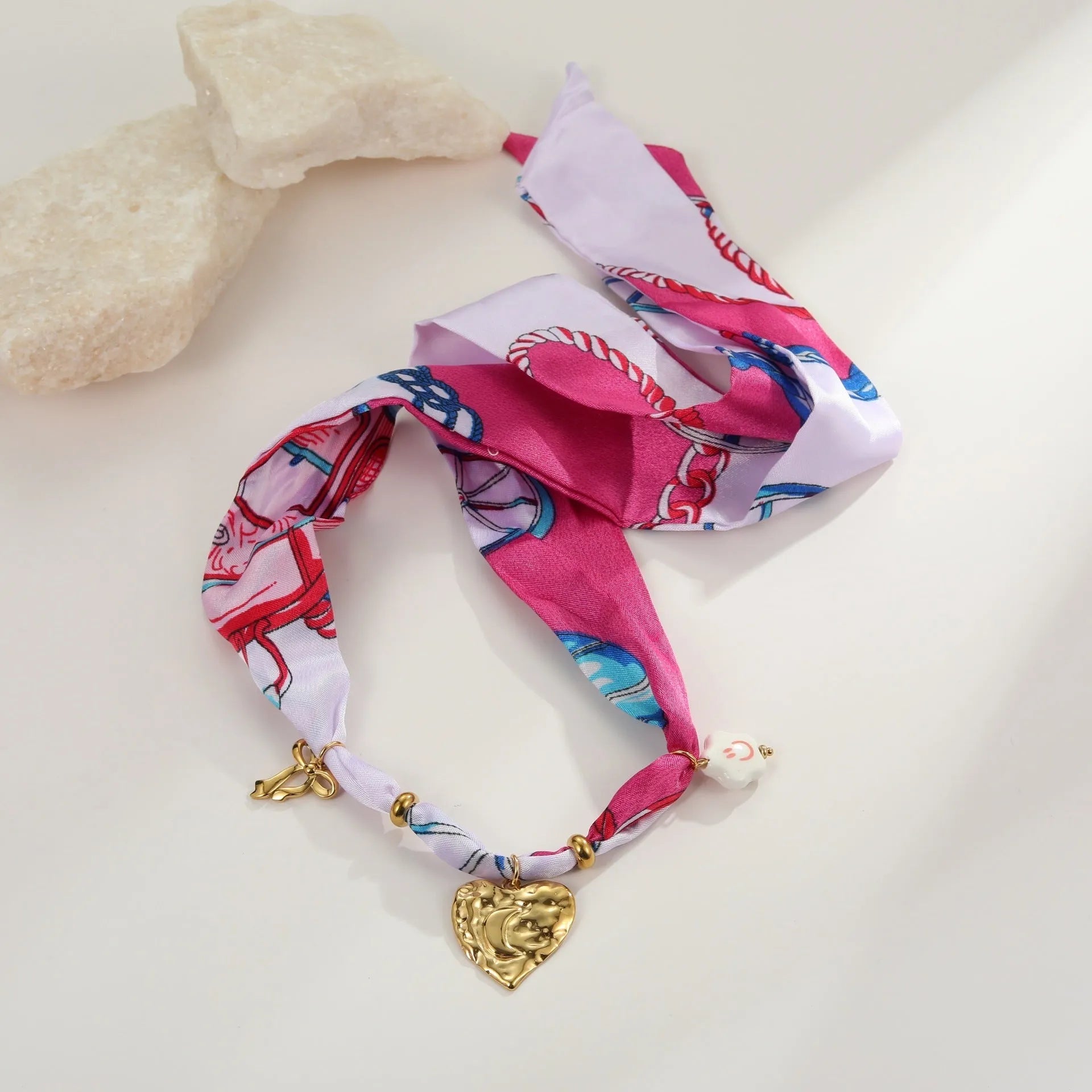 Colourful silk scarf series stainless steel necklace and bracelet set with gold electroplated love pendant geometric design