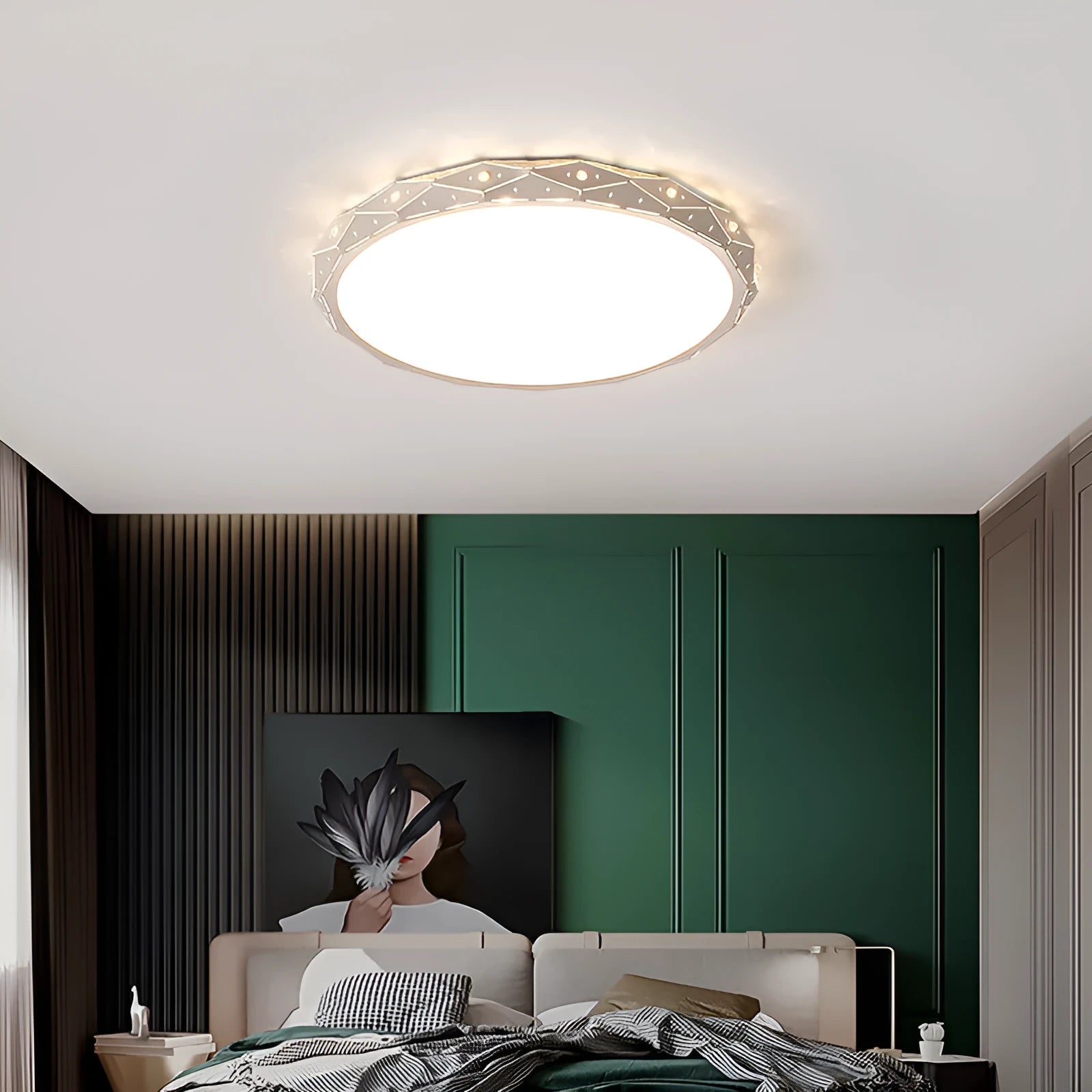 Round black and white framed LED ceiling light fixture for room installation.