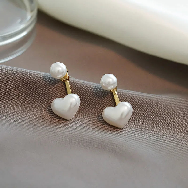 Heart-shaped Korean style stud earrings with electroplated alloy and artificial pearl accents