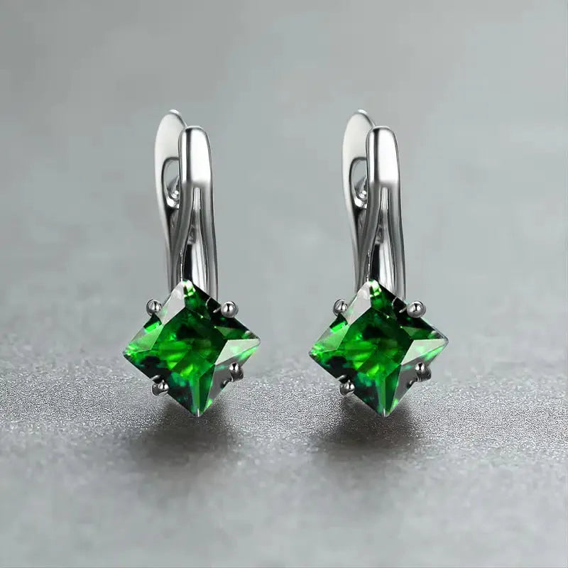 Women's copper diamond design earrings with inlaid zircon in blue, green and colour tone options