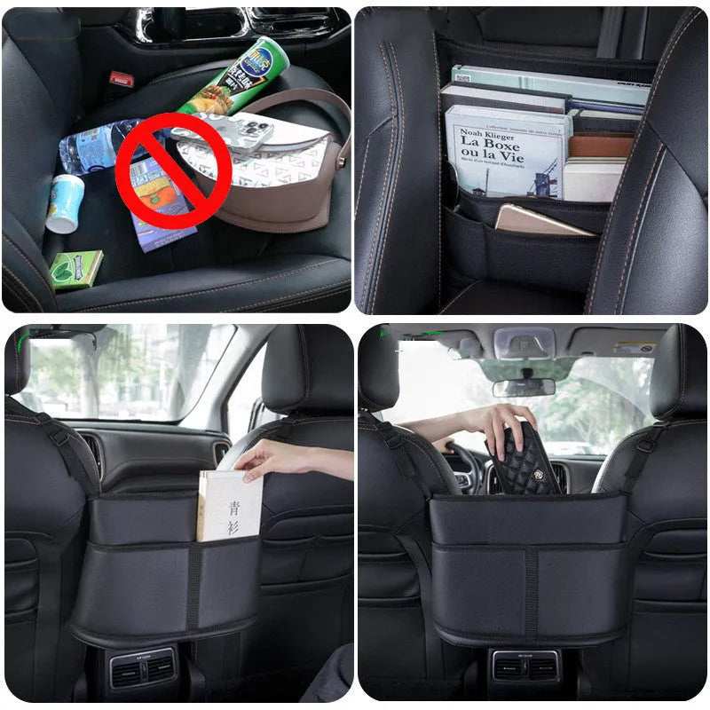 Black leather car seat storage net pocket with sports carbon fibre pattern.
