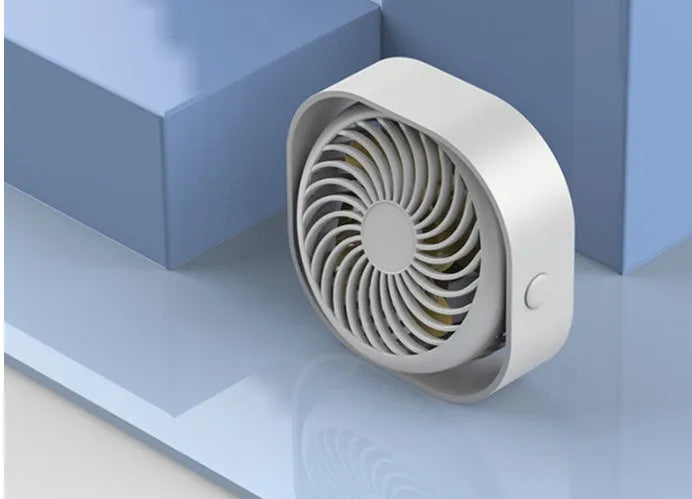 USB desk fan with alarm clock showing 360-degree rotation and rotary switch in blue colour