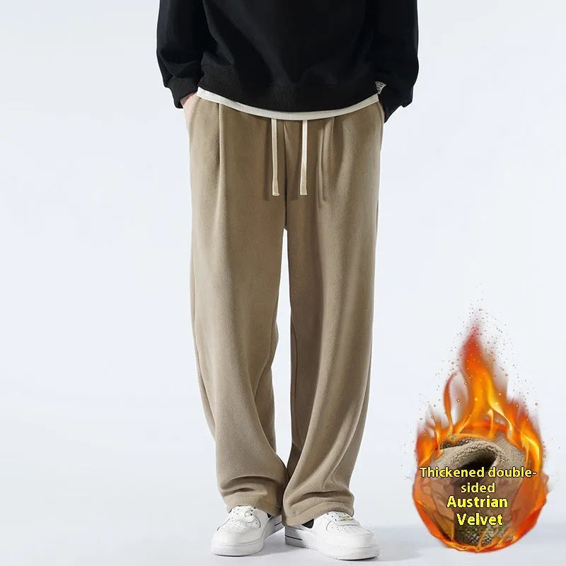 Men's double-sided polar fleece winter sports pants with wool lining in loose Korean style fit