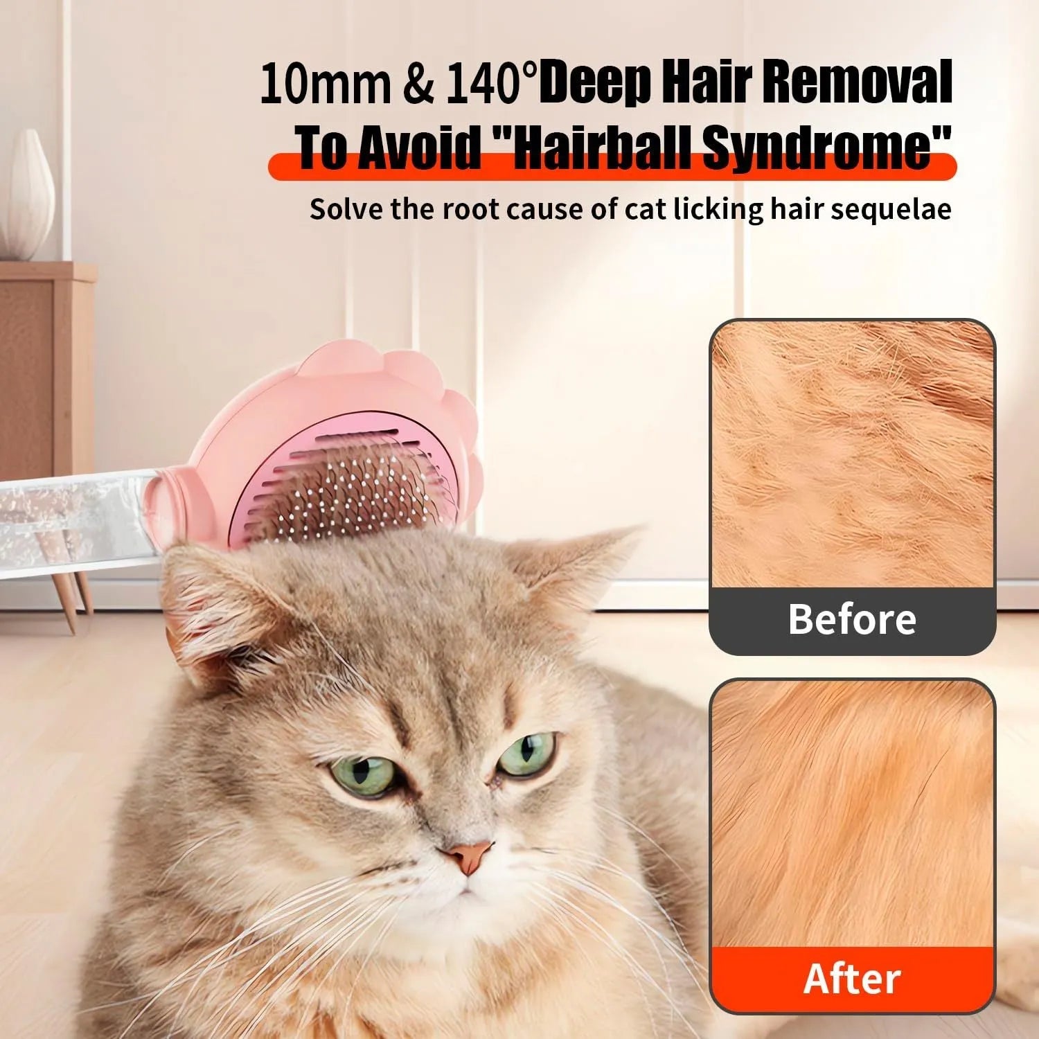 Grey spray cat brush with release button on a white background, showing the bristle head and spray nozzle.