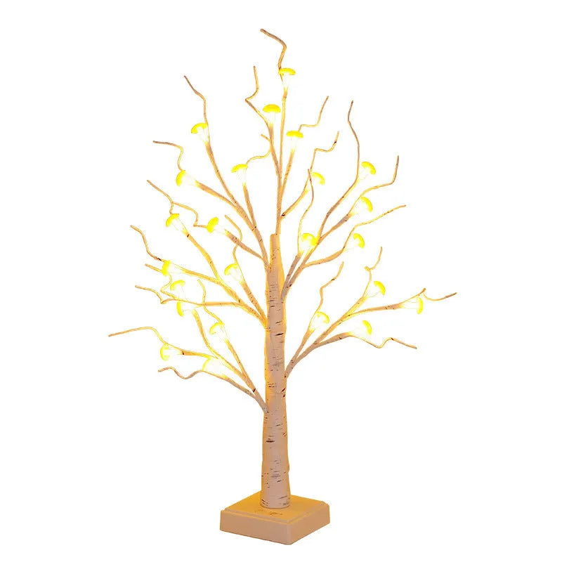60cm tall mushroom tree LED lamp with birch design and 24 detachable plastic flowers