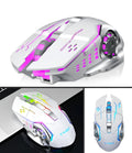 Black and white wireless computer mouse with USB charging cable showing six-button layout