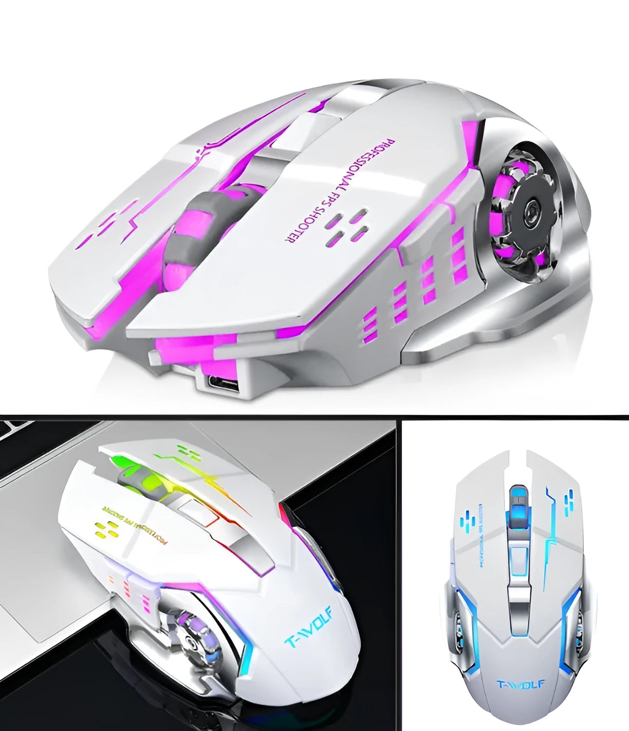 Black and white wireless computer mouse with USB charging cable showing six-button layout