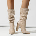 Women's chunky heel pointed toe ankle boots in suede available in black, apricot and red colours