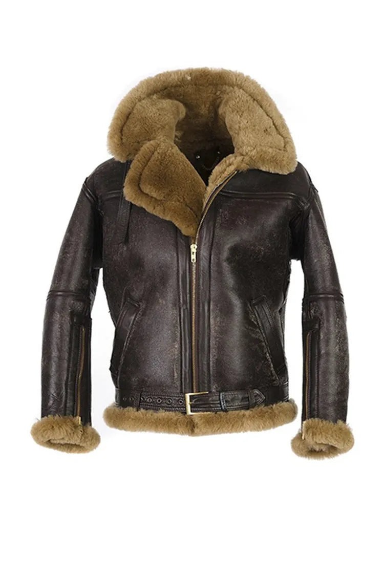 Vintage style synthetic leather fur coat for men in brown with side pockets