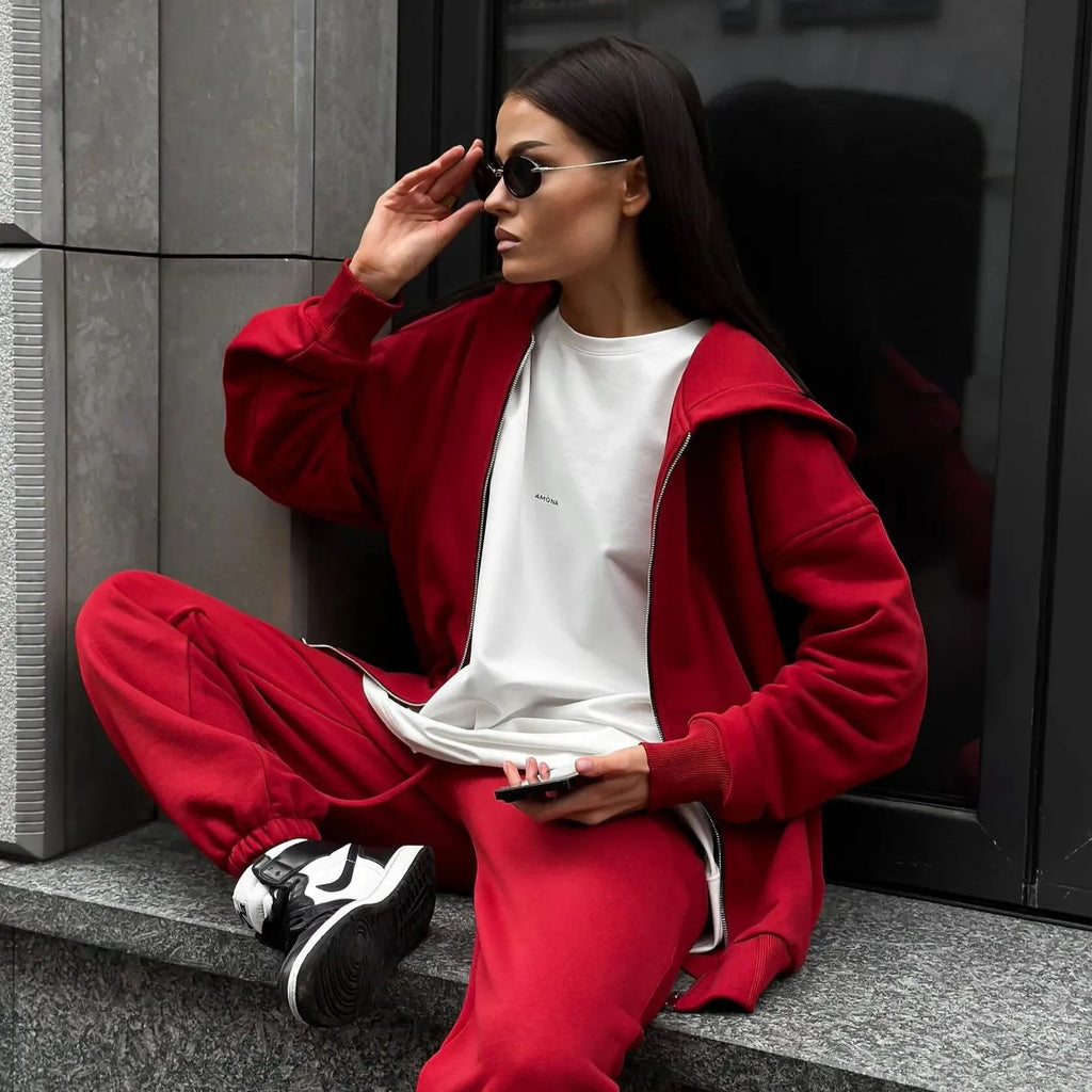 Loose two-piece set with long-sleeved coat and trousers in solid red light gray or gray polyester street style