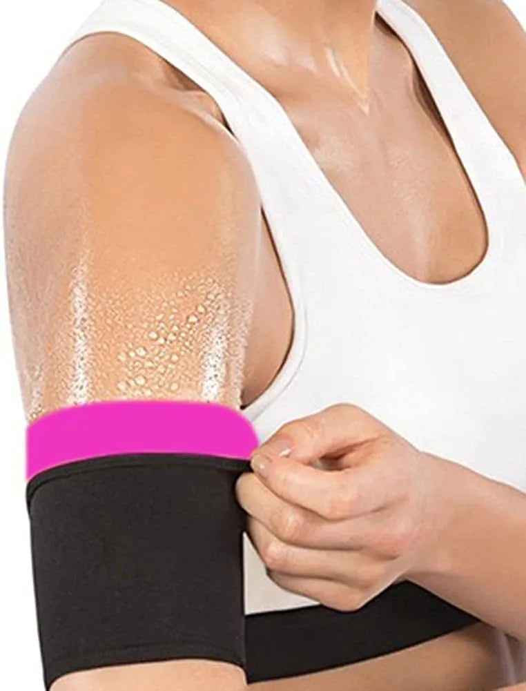 Blue and silver sports arm sweatband shown on an arm, with packaging showing black and red colour option.