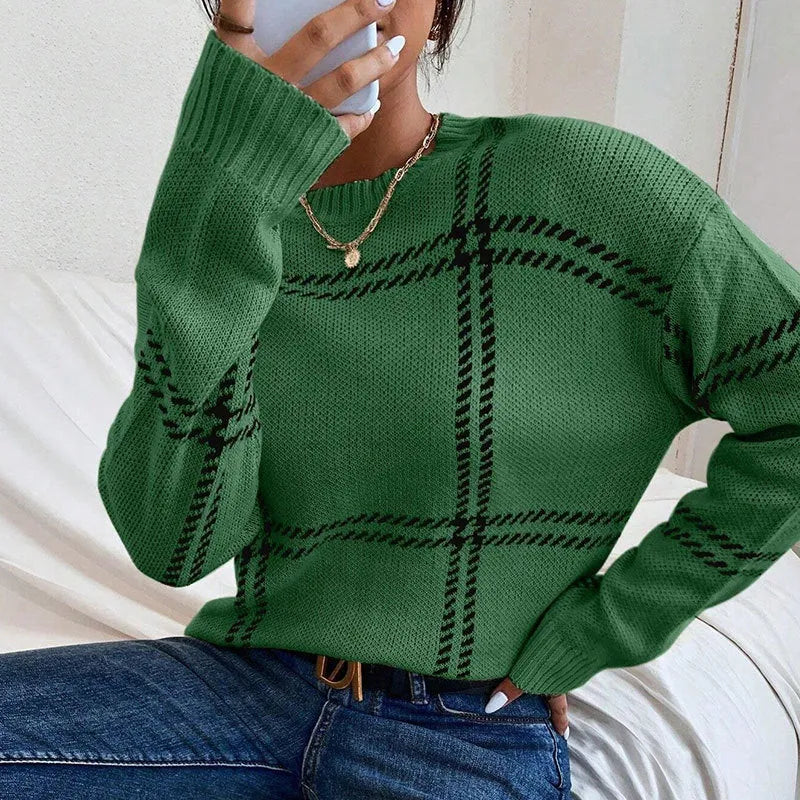 Women's loose fit acrylic sweater with plaid colour-block pattern in apricot black beige stripes red green colours