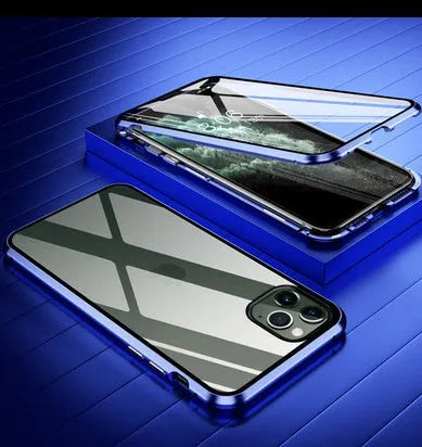 Glass clamshell anti-spy phone case for iPhone in multiple solid colours including black, blue, gold, green, red, and silver