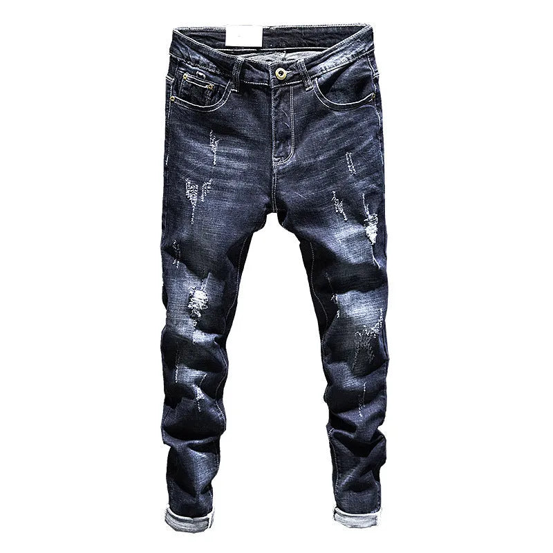 Men's slim-fit skinny jeans in blue cotton denim with stretch, shown in dark and light colour options.