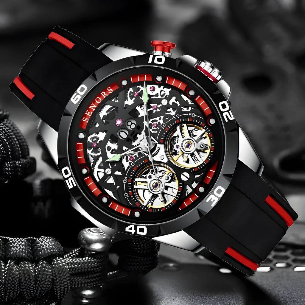 Men's automatic mechanical watch with luminous hollow skeleton dial in blue or red colours
