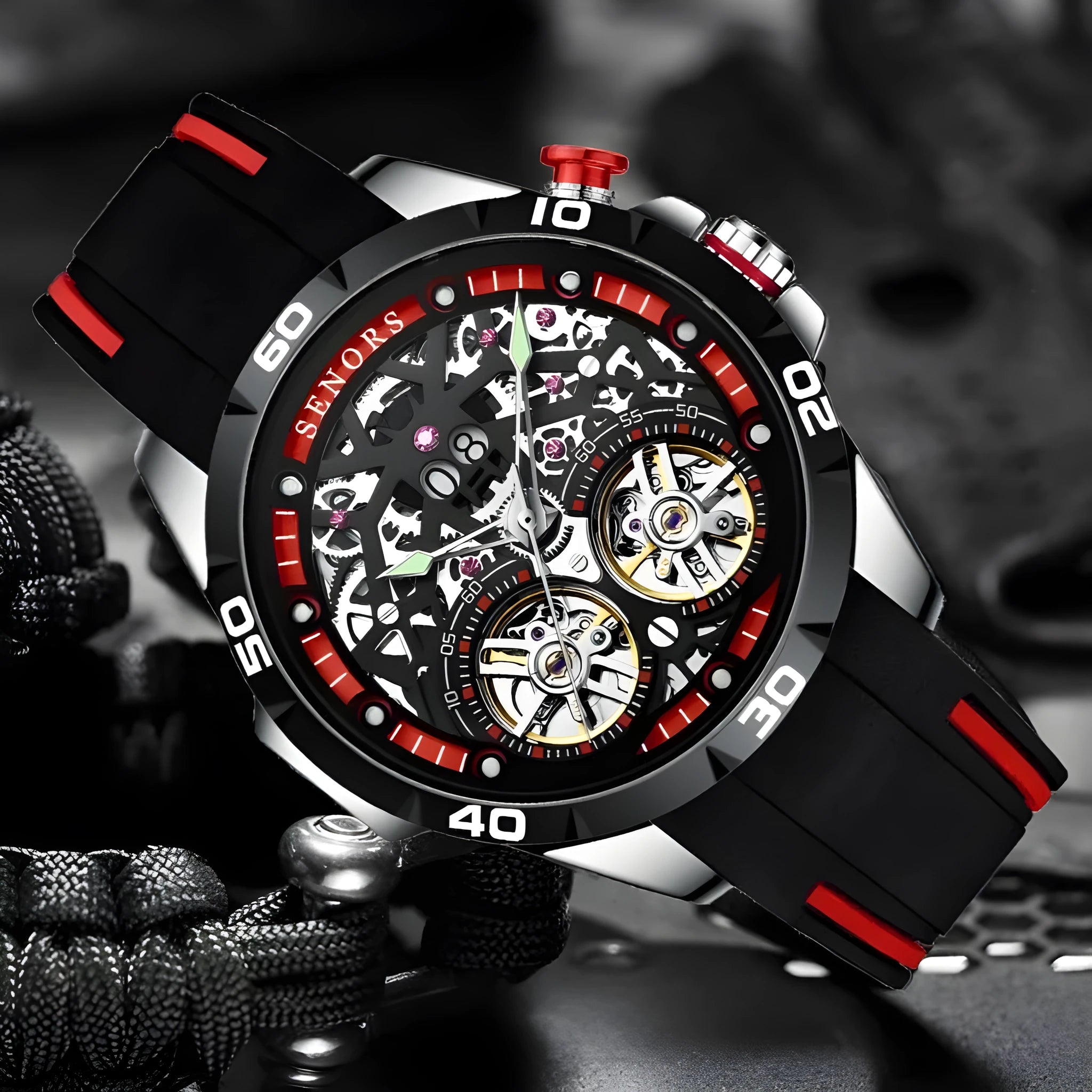 Men's automatic mechanical watch with luminous hollow skeleton dial in blue or red colours