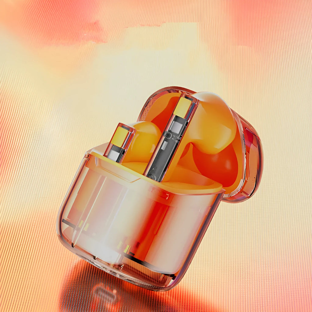 Wireless TWS headphones in multiple colours with transparent charging case.
