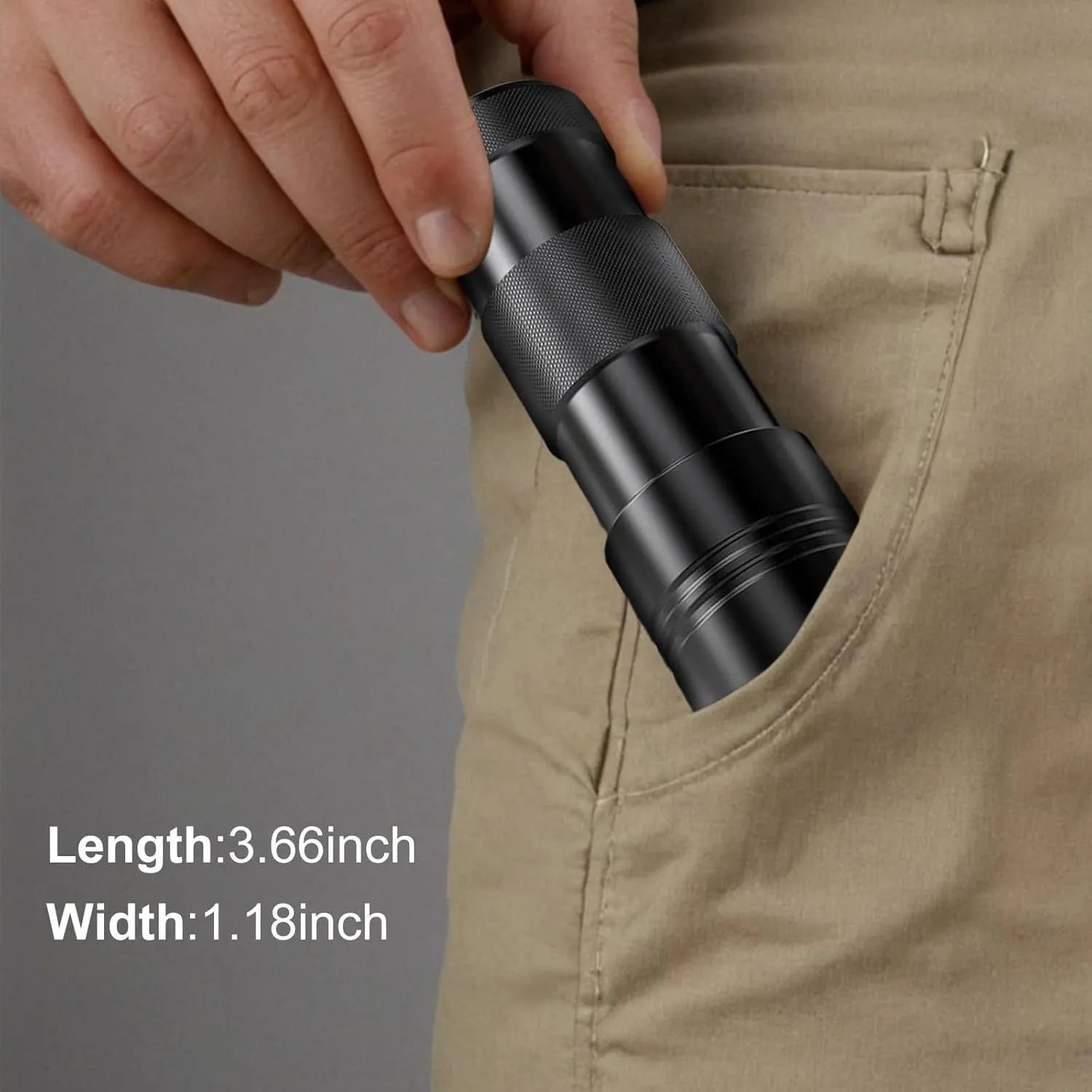 Black handheld UV flashlight torch with aluminium body for detecting pet urine stains and insects.