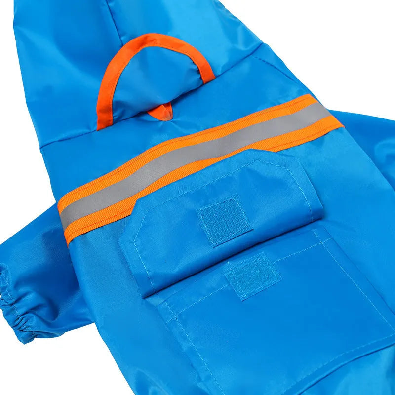 Pet reflective raincoat in orange on a dog showing back length and reflective strip for visibility