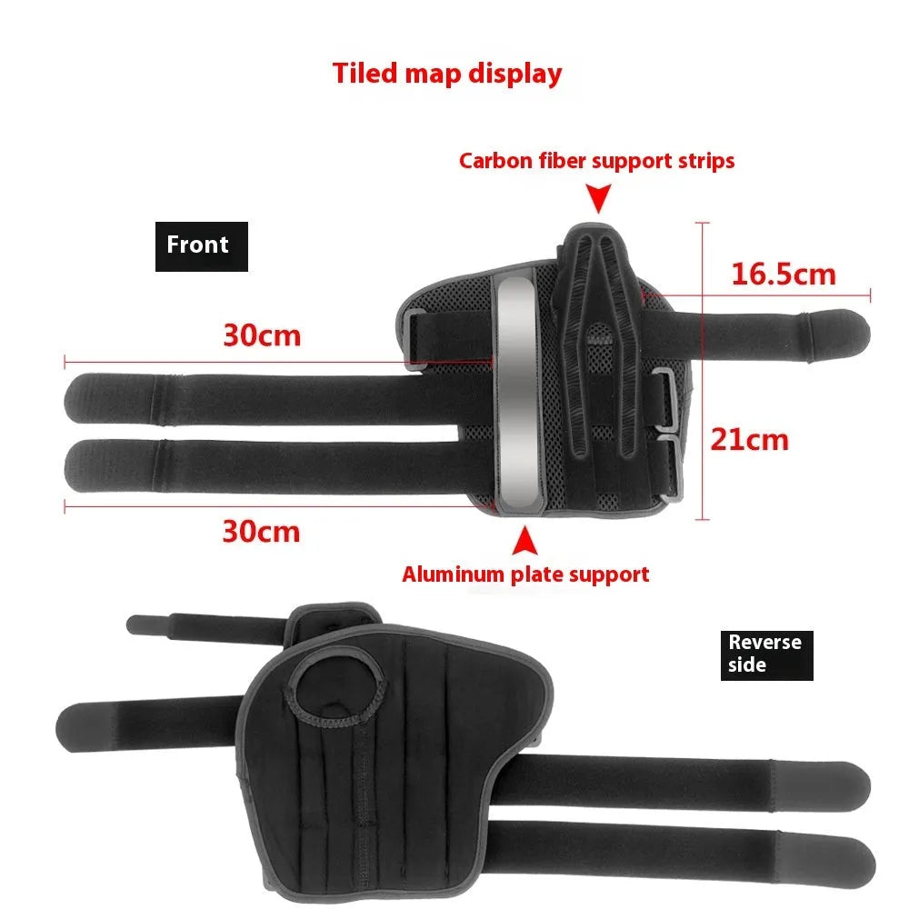 Carbon fibre sports wrist guard with thumb strap in black and grey.