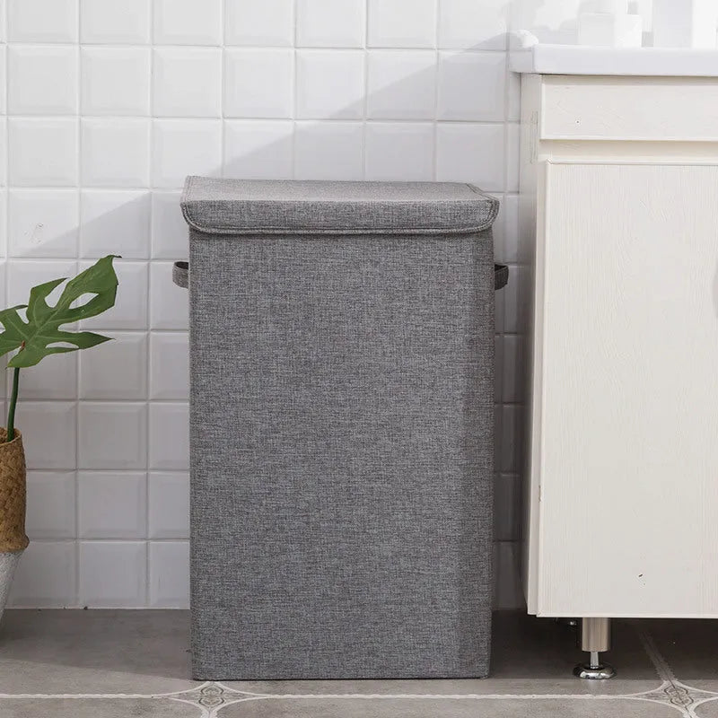 3D foldable clothes storage basket in cotton linen fabric, grey colour, medium size