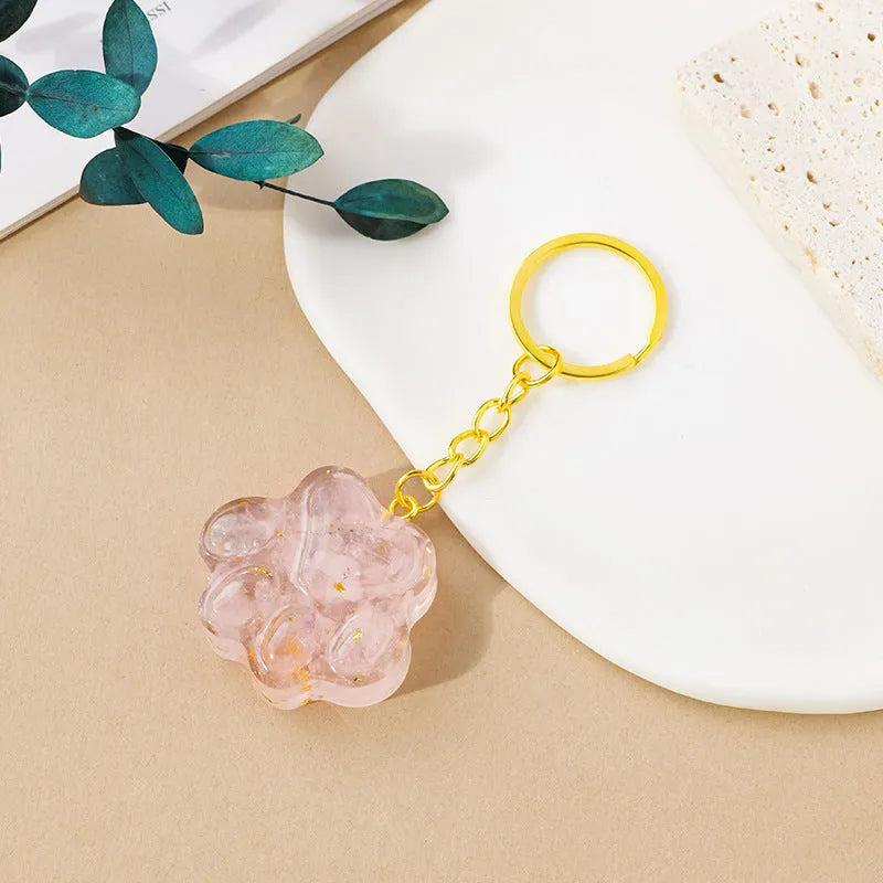Natural crystal cat's paw keychain with small pendant and gemstone beads