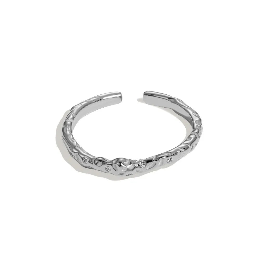 Sterling silver women's adjustable open mouth ring with irregular geometric shape zircon stone in gold and platinum finishes