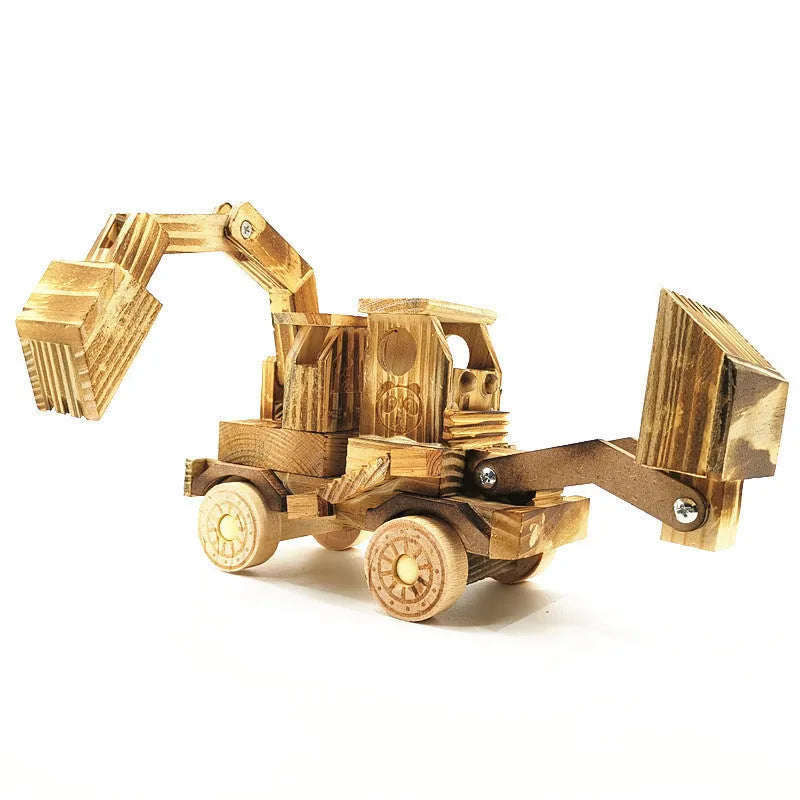 Brown wooden excavator model toy 30cm long rotating cab 1:800 scale children 4-6