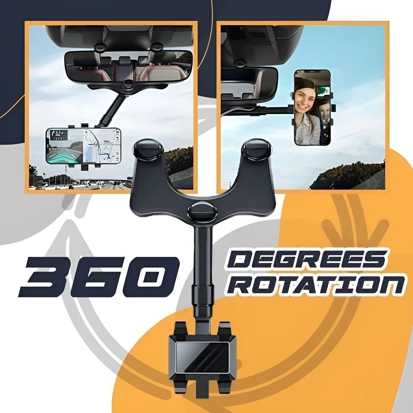 Black rearview mirror phone holder for car showing 360° rotation and retractable arm
