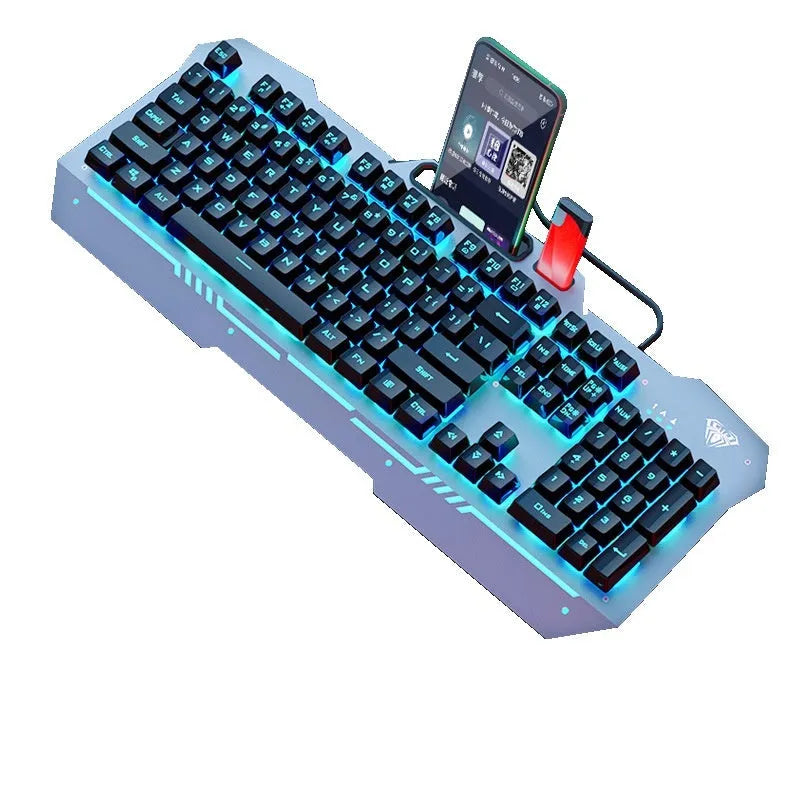 Black and white wired gaming keyboard, mouse, headset, and mouse pad bundle with LED backlighting.