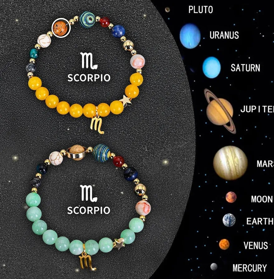 Two natural stone beaded bracelets with zodiac charms on an adjustable elastic band.