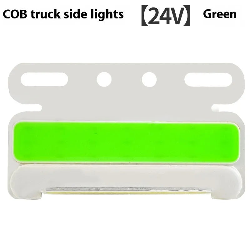 COB LED truck side light with grounded tyre light in aluminium alloy housing, shown in multiple colours.
