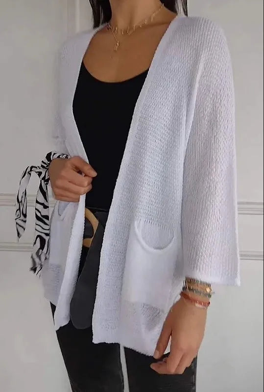 Women's waffle knit cardigan coat in army green with nine-quarter sleeves and pockets