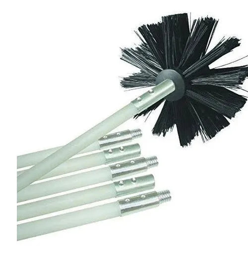 Flexible chimney and dryer vent cleaning brush with nylon bristles, showing bendable pole.