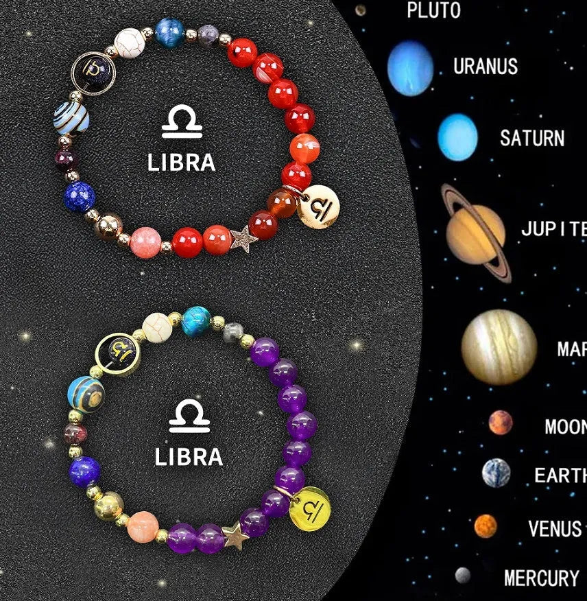 Two natural stone beaded bracelets for zodiac signs on a neutral background.