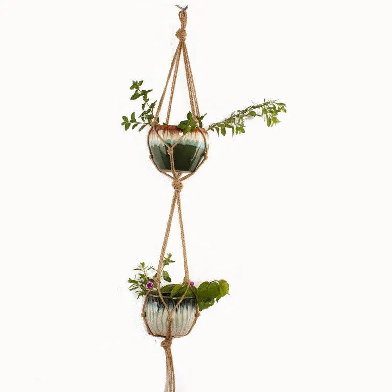 Woven wire plant hanger with cotton rope and jute twine in multiple style configurations