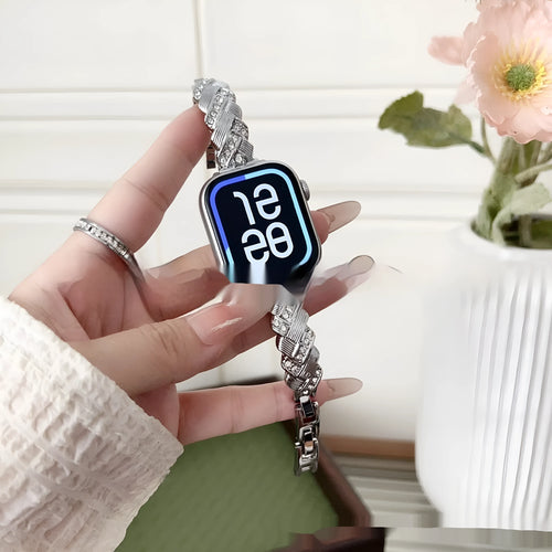 Zinc alloy Apple Watch strap with diamond twist design in silver, rose gold, gold, black, and Starlight colours.