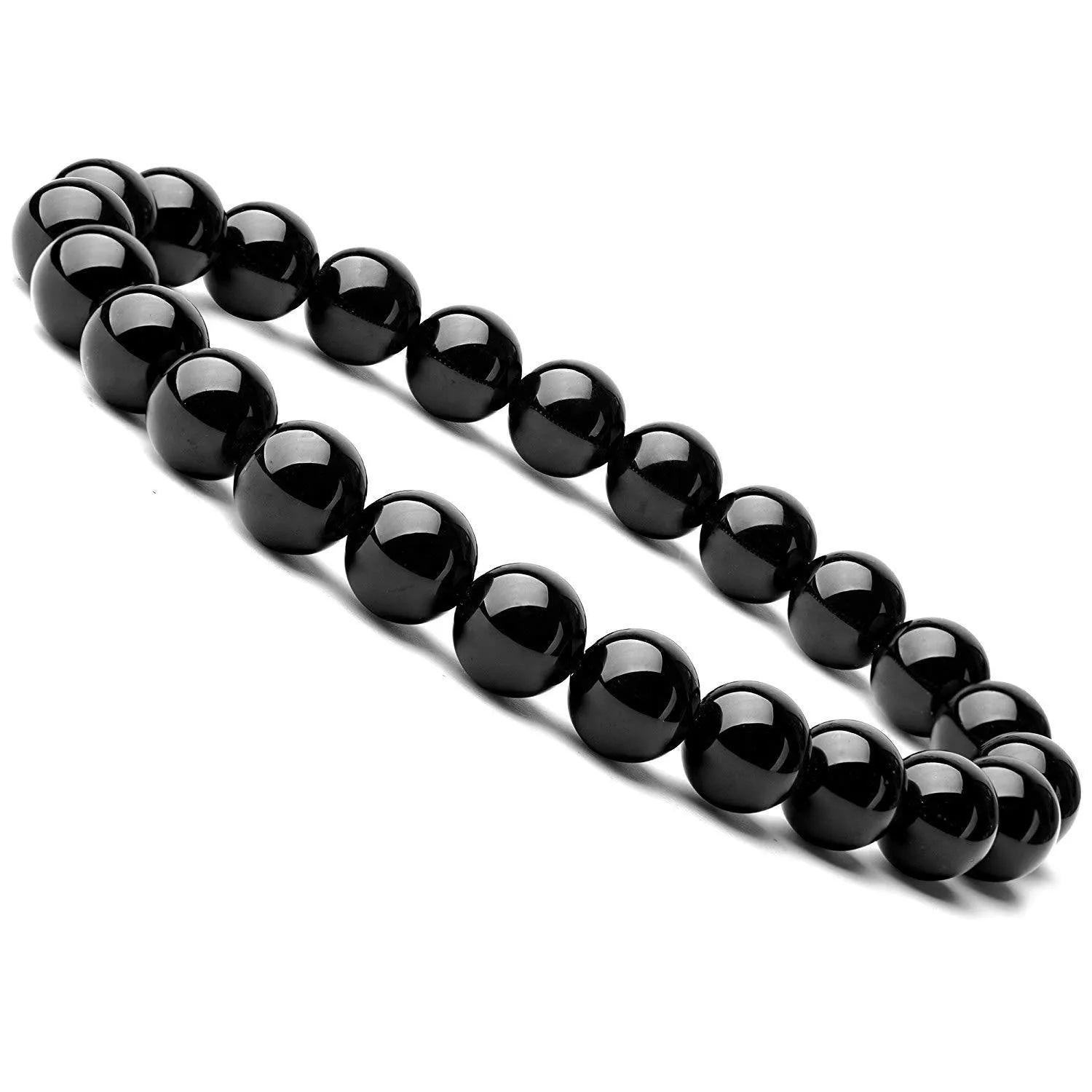 A geometric black onyx bracelet for women with 8mm beads on an elastic cord.