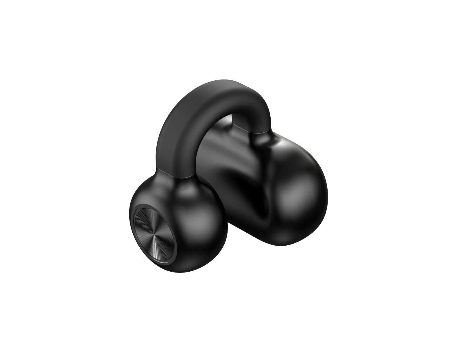 Black and white wireless Bluetooth bone conduction headset with clip-on design for exercise use