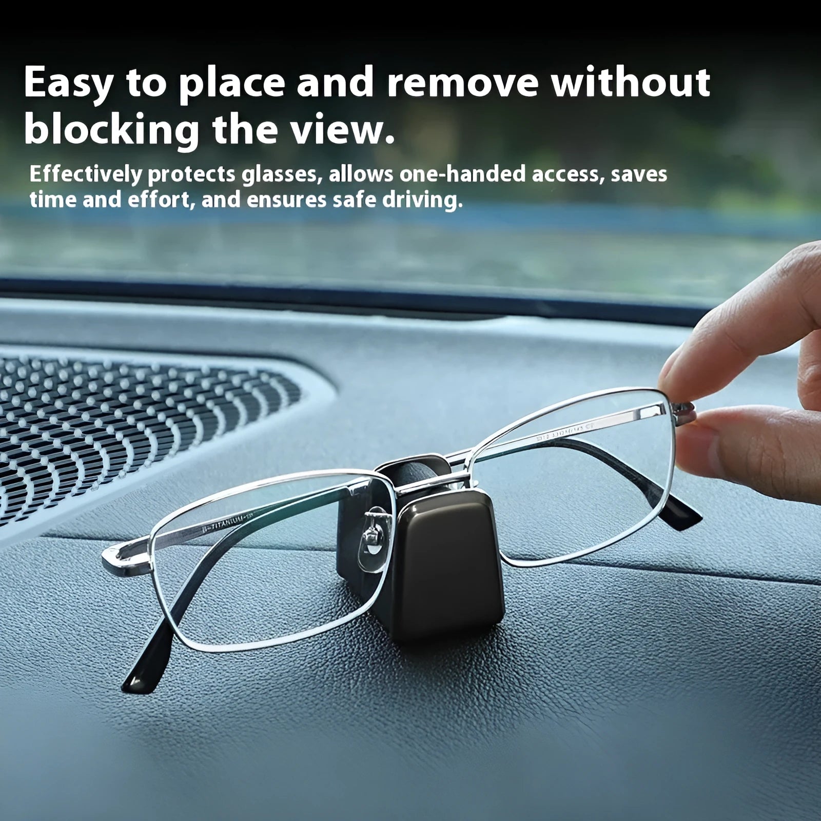 Zinc alloy and leather sunglasses clip for car dashboard storage in four colour options.