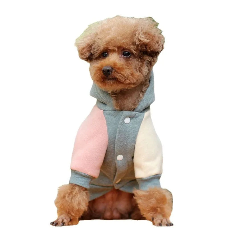 Cotton dog sweatshirt in brown, green or pink colours showing size range XS to 2XL