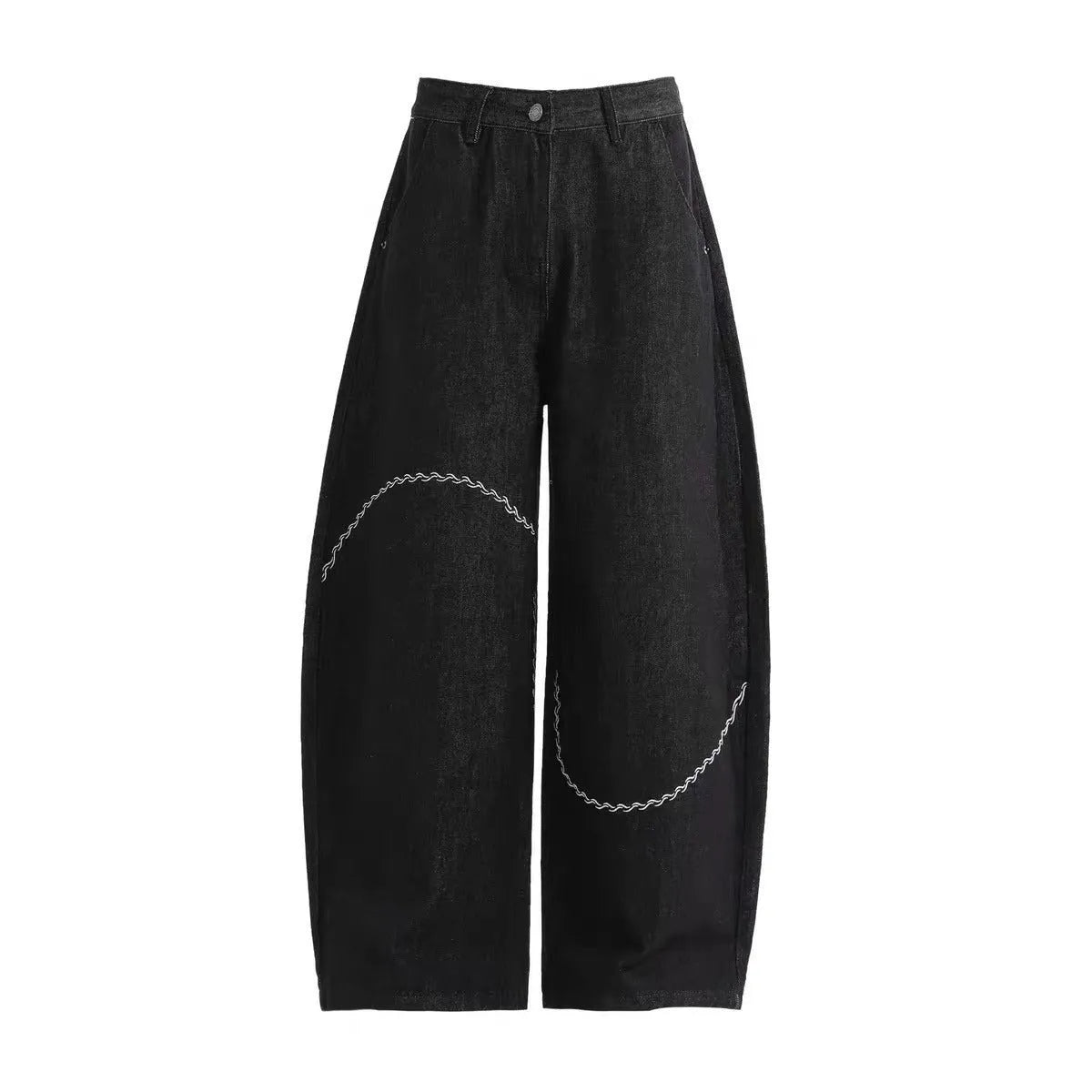 Men's black straight-leg denim trousers with a zip fly on a mid waist, shown in a casual street style.