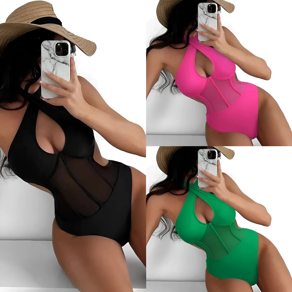 A woman's one-piece swimsuit bikini in a nylon and spandex blend, shown in black, rose red, and green colour options.